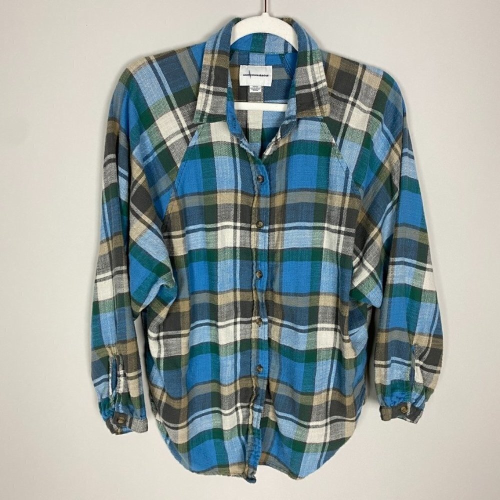American Eagle Flannel Button Up Long Sleeve Shirt‎ Womens Small Blue